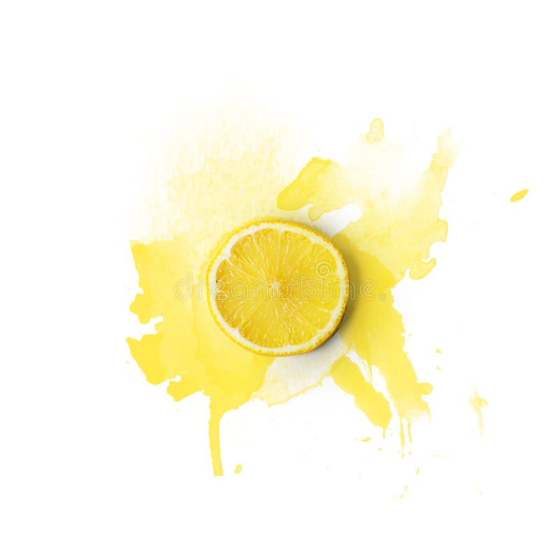 A fatia do limão no fundo branco com aquarela espirra; Copie s