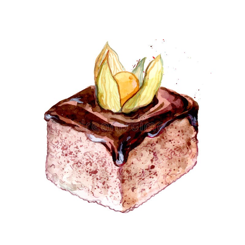 Fatia quadrada de bolo com a crosta de gelo do chocolate decorada com a cereja à terra alaranjada Ilustração doce da aquarela da ilustração do vetor Fatia quadrada de bolo com a crosta de gelo do chocolate decorada com a cereja à terra alaranjada Ilustração doce da aquarela da ilustração do vetor