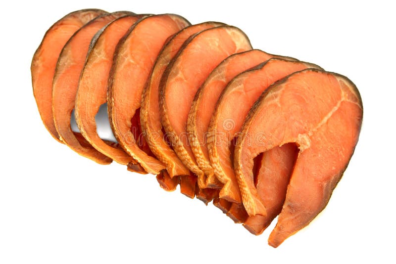 Fatias de Salmon Isolated On White Background cor-de-rosa fumado frio imagens de stock Fatias de Salmon Isolated On White Background cor-de-rosa fumado frio imagens de stock