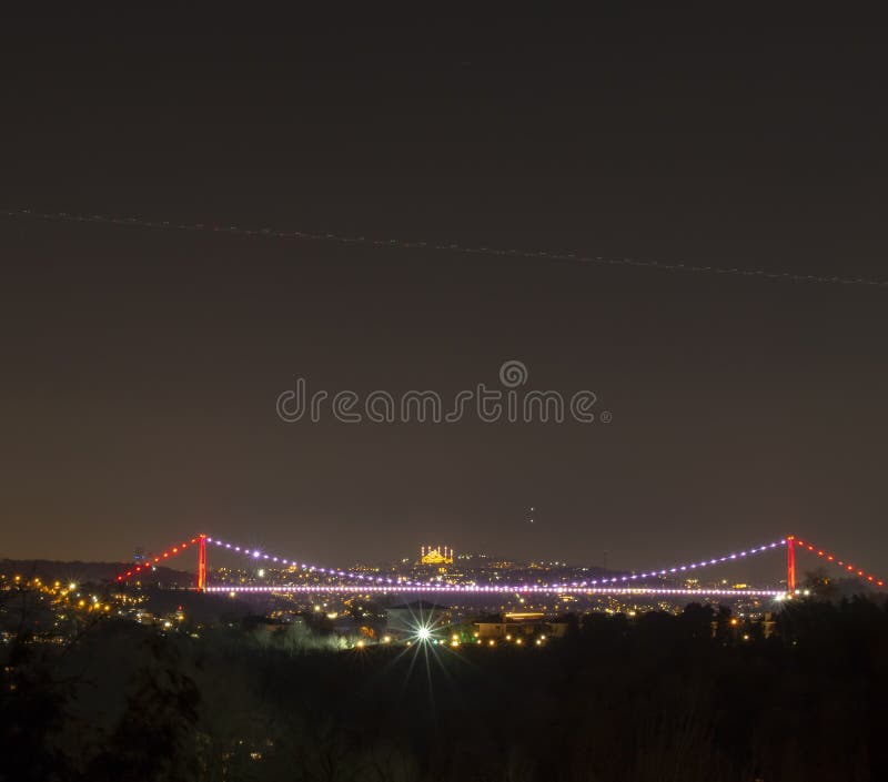 Fatih Sultan Mehmet bridge and Camlica Mosque night time view royalty free stock images Fatih Sultan Mehmet bridge and Camlica Mosque night time view royalty free stock images
