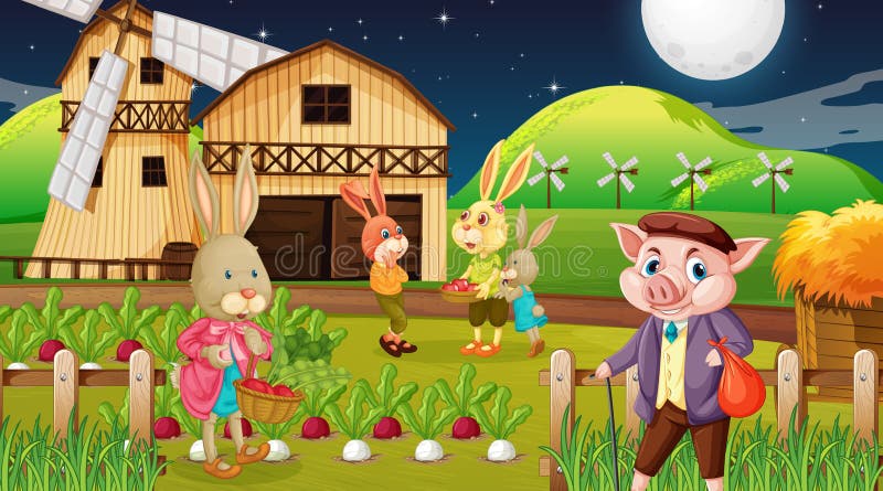 Fattoria Con Famiglia Di Conigli E Cartoni Animati Di Maiale Illustrazione  Vettoriale - Illustrazione di domestico, felice: 222244221