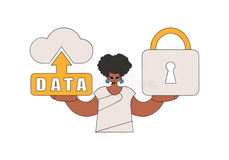 Fată care deține date din cloud plus un lacăt. Ilustrare vectorială pentru design