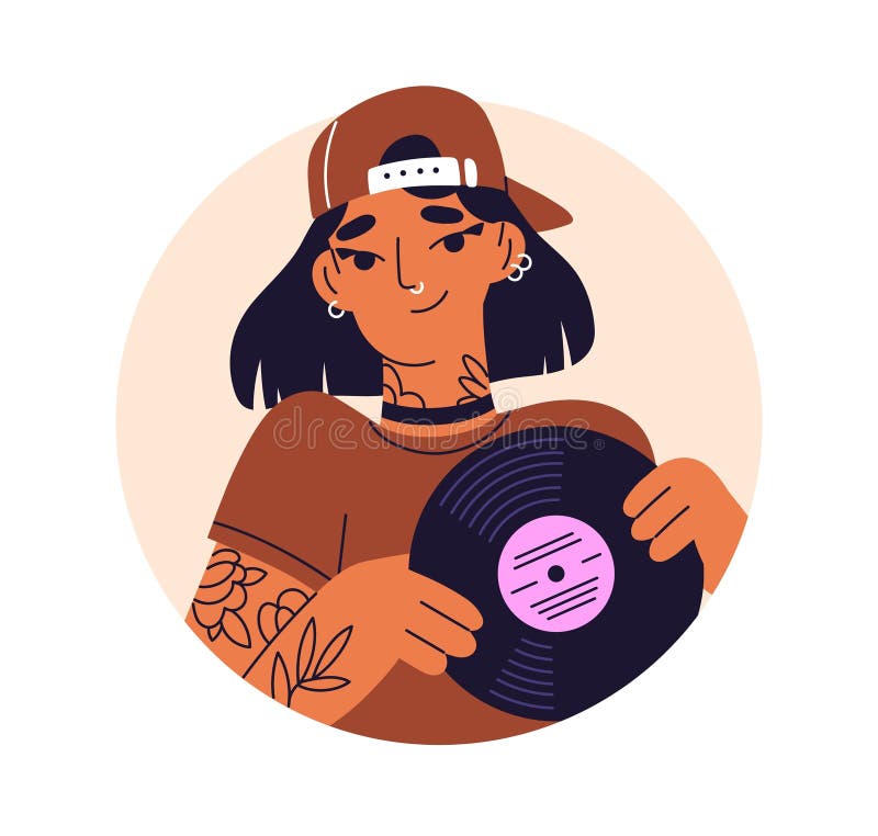 Fată care deține portretul avatarului recordului vinil. cântăreață tânără dj muziciană modernă. personaj de tip adolescent creativ vector illustration