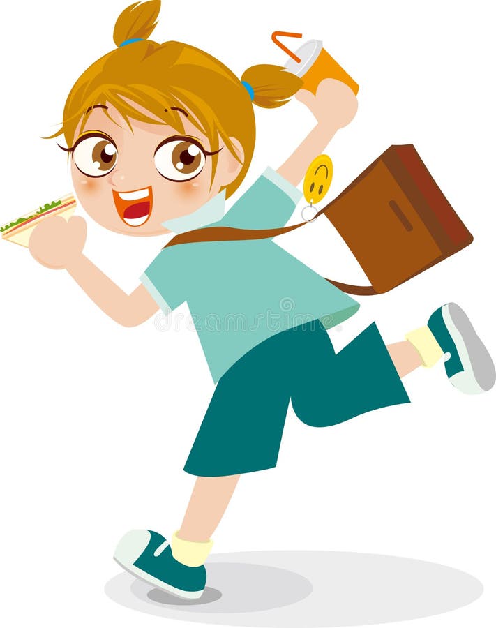 Fată de școală care ține micul dejun stock illustration