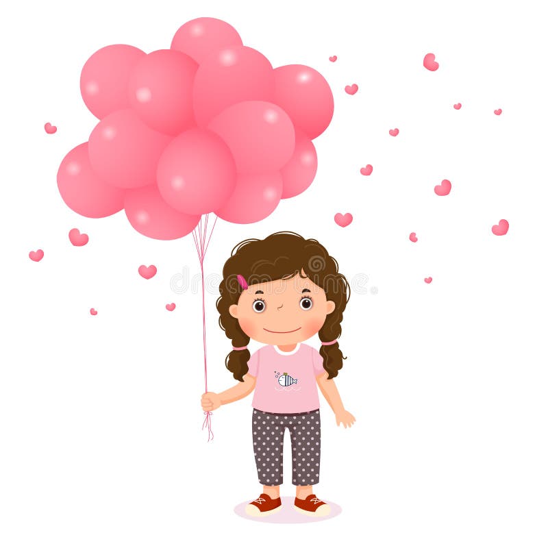 Fată din desene animate care ține baloane roz stock illustration