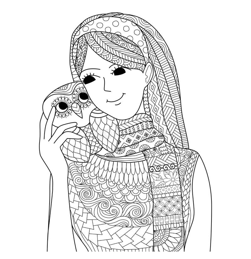 Fată drăguță care ține un design cu zentunghi bufon pentru cartea colorată pentru adulți stock illustration