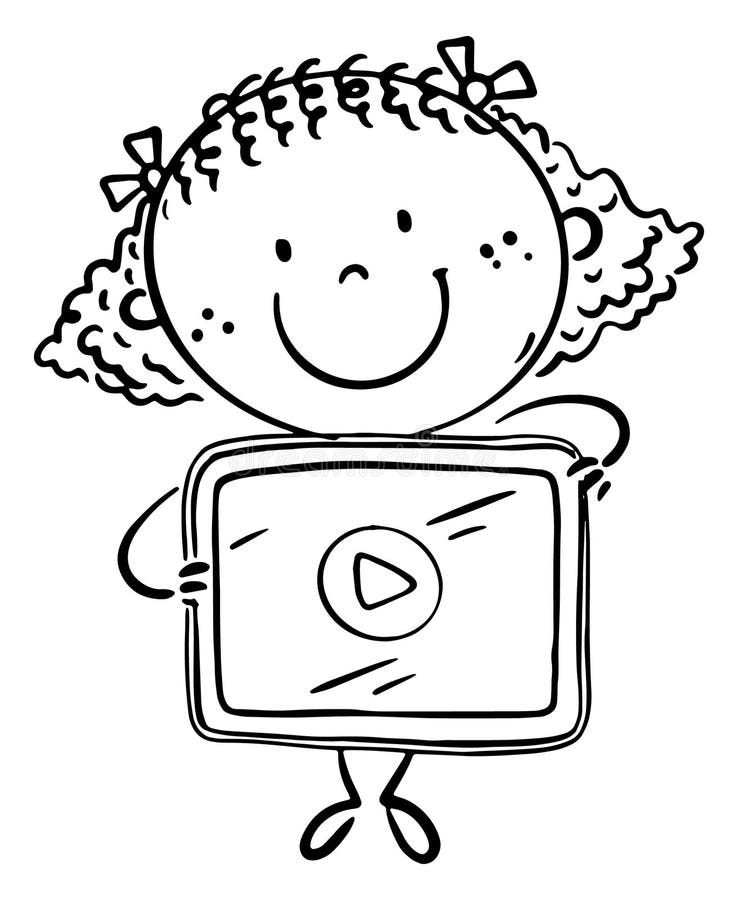 Fată drăguță din desene animate care ține o tabletă. model de copil doodle utilizând copii gadget-uri utilizând dispozitive electr stock illustration