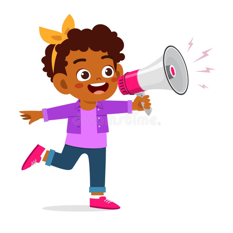 Fată drăguță și fericită care ține megafon royalty free illustration