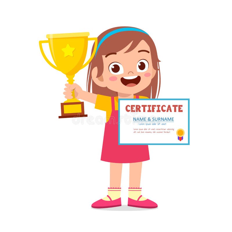 Fată drăguță și fericită care ține trofeul royalty free illustration