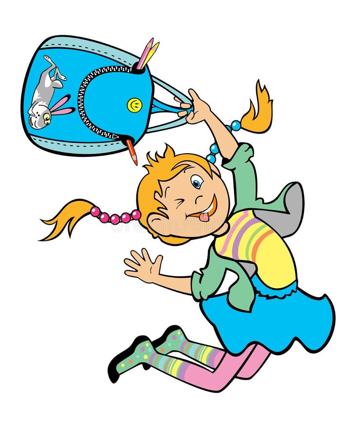 Fată săritoare care ține geanta școlii vector illustration