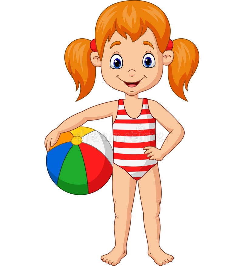 Fată veselă din desene animate care ține o minge de plajă royalty free illustration