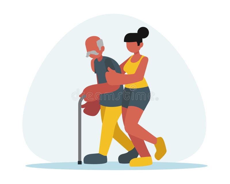 Fată voluntară față de față îl ajută pe bunicul să meargă cu vectorul de lipit stock illustration