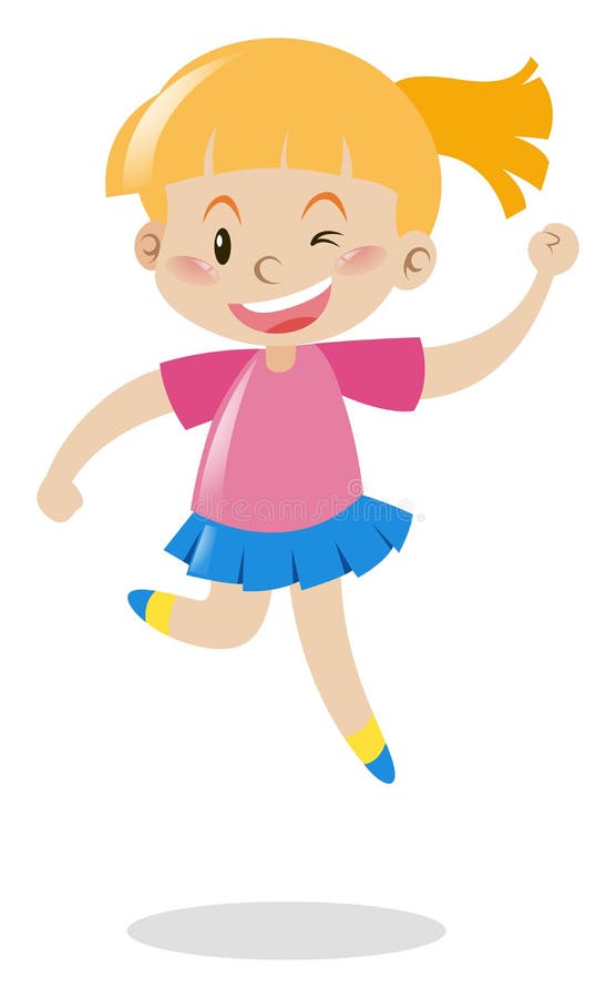 Fată în cămașă roz și fustă albastră sărind royalty free illustration