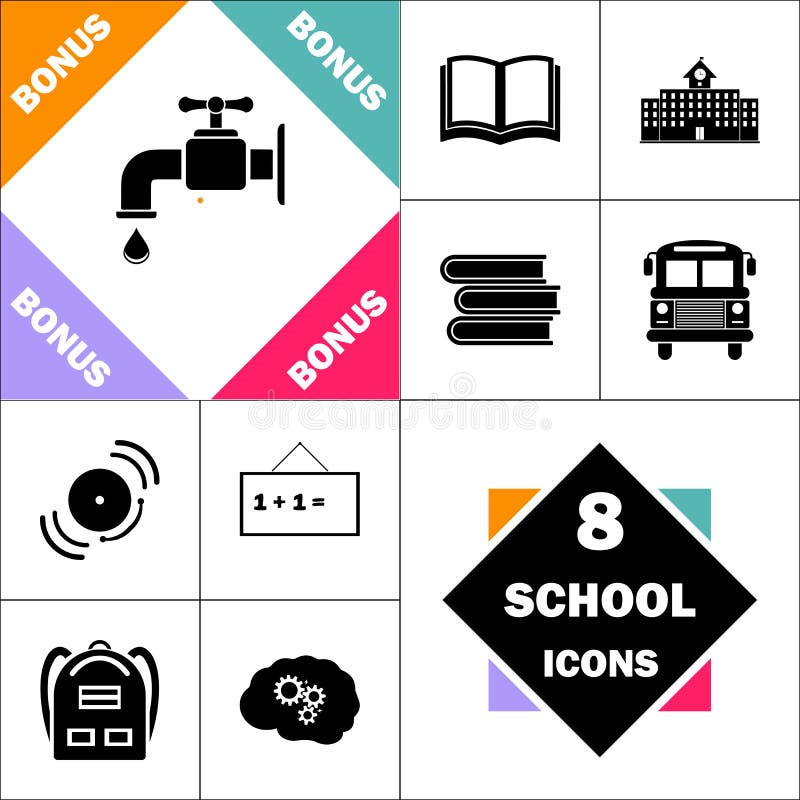 Faucet Icon and Set Perfect Back to School pictogram. Contains such Icons as Schoolbook, School Building, School Bus, Textbooks, Bell, Blackboard, Student Backpack, Brain Learn. Faucet Icon and Set Perfect Back to School pictogram. Contains such Icons as Schoolbook, School Building, School Bus, Textbooks, Bell, Blackboard, Student Backpack, Brain Learn