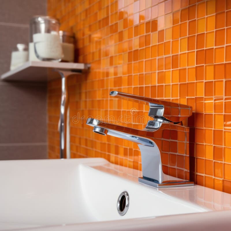 Faucet in Modern Bathroom with Orange Tiles Stock Illustration