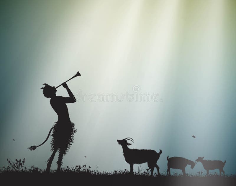 Faun shepherd herds the goats in the morning sun rays, satyr, silhouette,