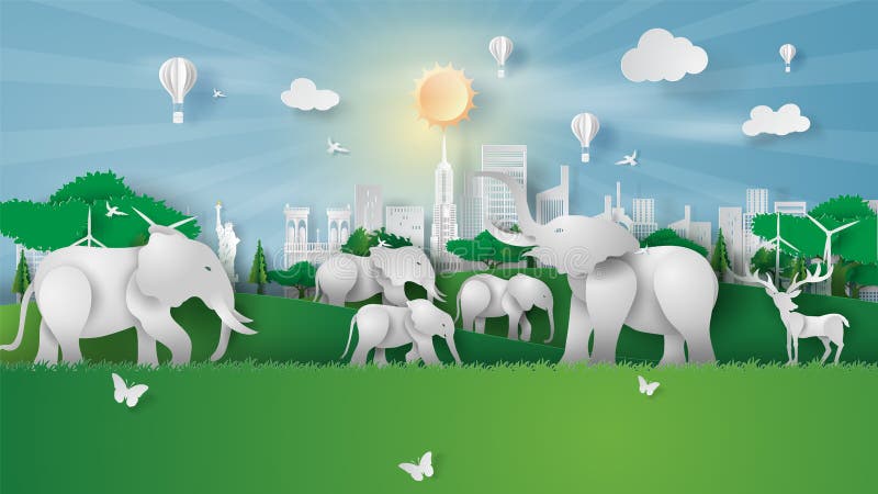 Faune animale dans les parcs verts de l'Amérique de New York Papier créatif coupé et style artisanal Eléphants et cerfs en forêt illustration de vecteur