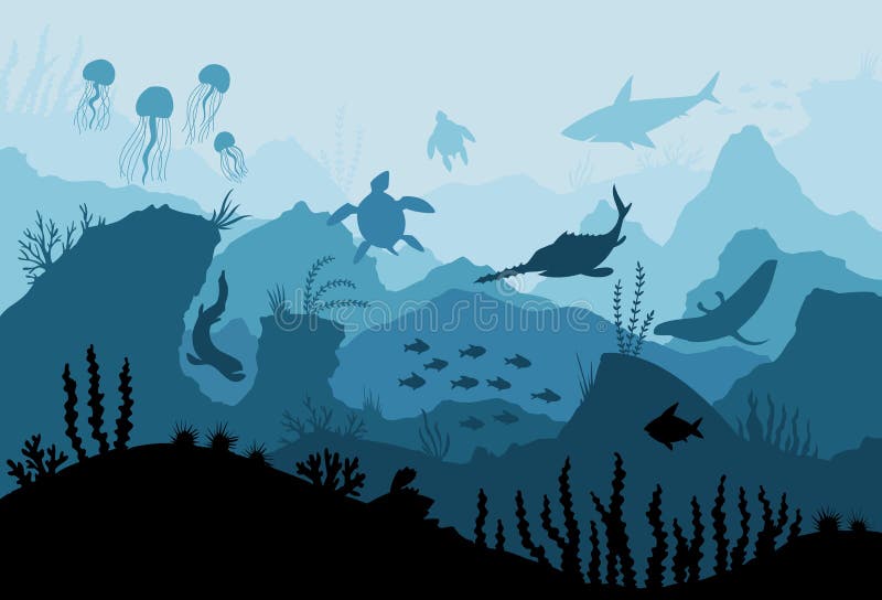 Faune sous-marine d'oc? an Plantes, poissons et animaux de mer profonde Algue marine, poissons sous l'eau et silhouette animale av illustration libre de droits