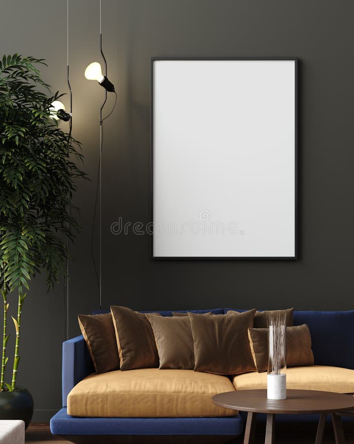 Fausse affiche haute à l'intérieur moderne de luxe de salon, au mur brun vert-foncé, au sofa moderne et aux usines illustration stock