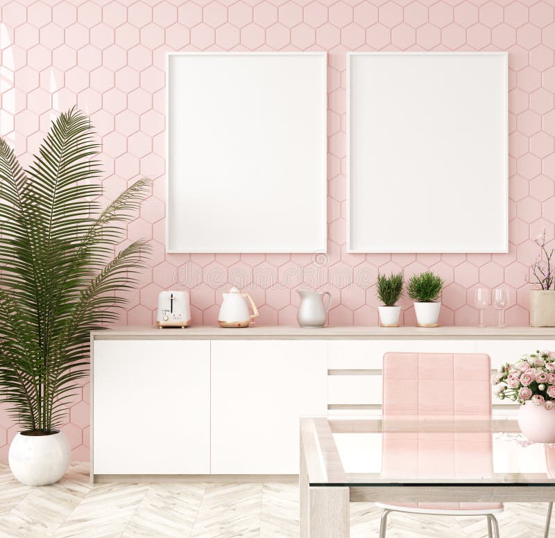 Faux cadre haut d'affiche dans l'intérieur rose en pastel de cuisine illustration de vecteur