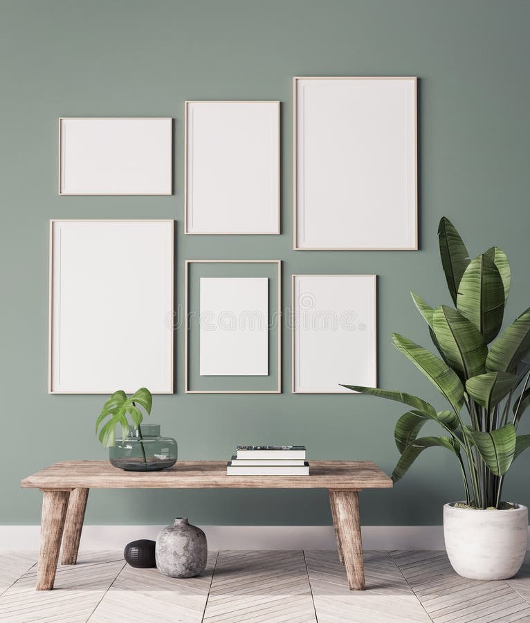 Faux cadre haut d'affiches dans le mur intérieur moderne de la galerie de fond dans le style boho scandinave de salon vert photos stock