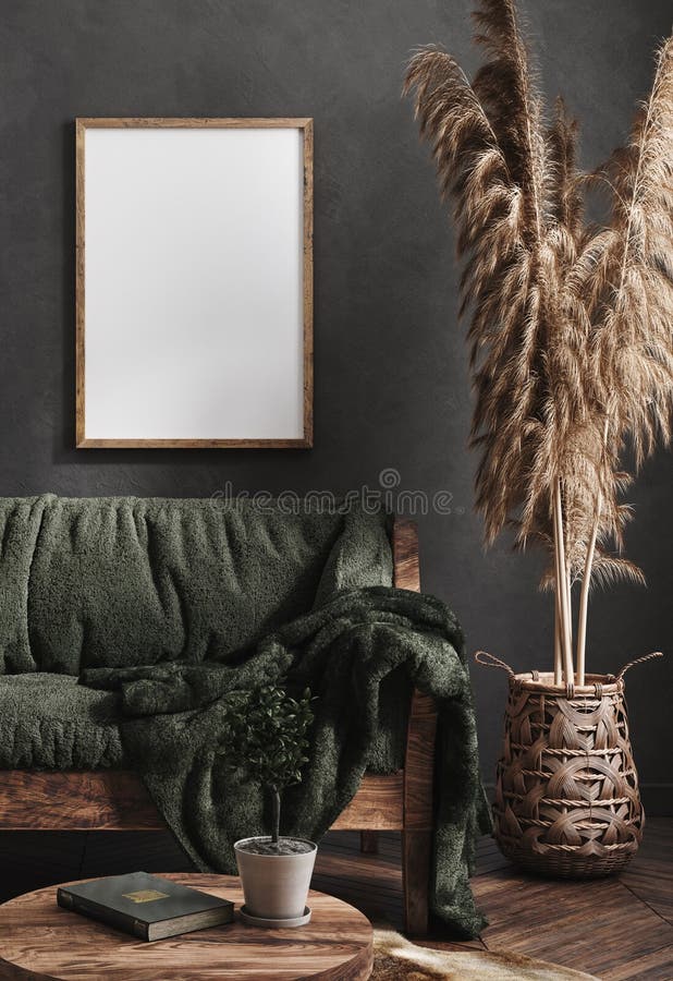 Faux cadre haut d'affiches dans le style ethnique intérieur de salon vert foncé illustration libre de droits