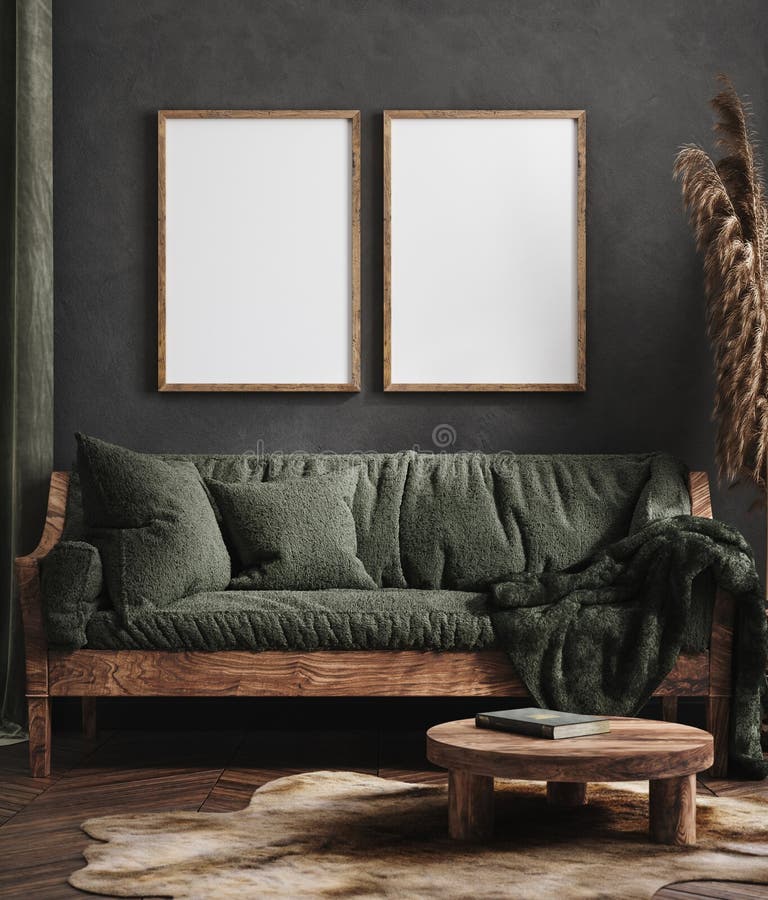 Faux cadre haut d'affiches dans le style ethnique intérieur de salon vert foncé illustration stock