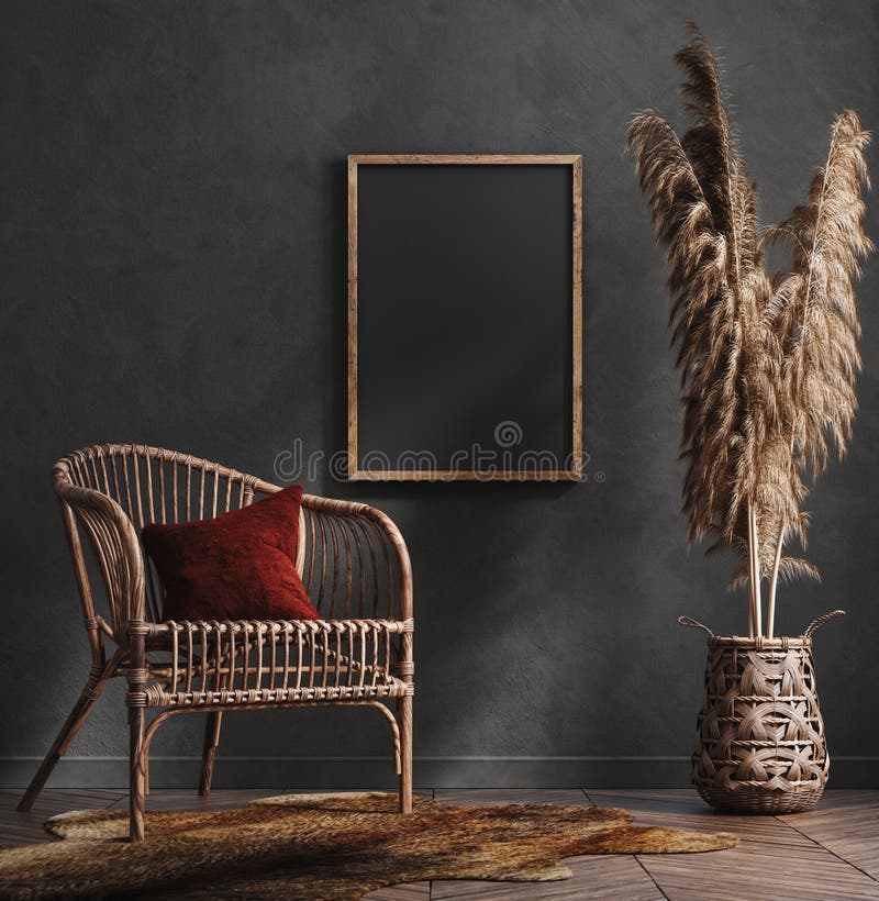 Faux cadre haut d'affiches dans le style ethnique intérieur de salon vert foncé illustration stock