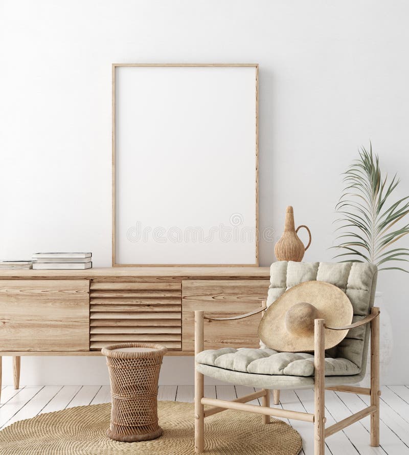 Faux cadre haut dans la partie blanche de fond intérieur à la maison avec le style en bois naturel de scandiboho de meubles