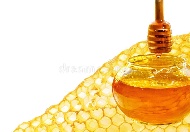 Honey dipper with bee honeycomb isolated on white background. Honey tidbit in glass jar and honeycombs wax. Honey dipper with bee honeycomb isolated on white background. Honey tidbit in glass jar and honeycombs wax.