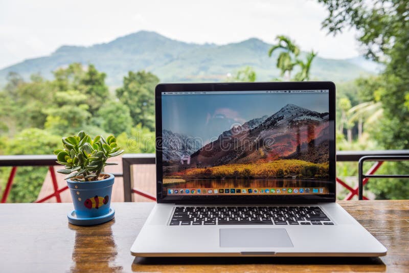 Favorable ordenador de Macbook con el florero imagen de archivo Favorable ordenador de Macbook con el florero imagen de archivo