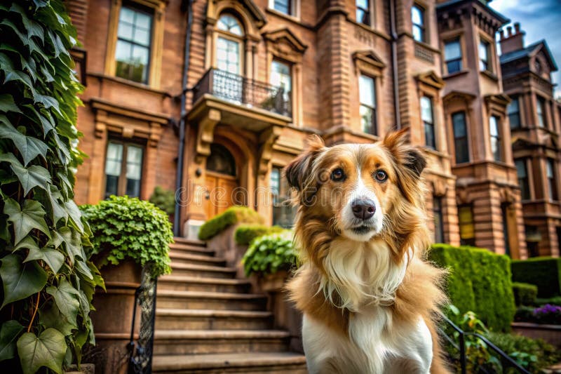 Fawn ed un cane bianco si scontrano con uno sfondo architettonico rinomato per una straordinaria cattura fotografica illustrazione di stock