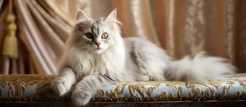 A Fawn Ragdoll Cat, a member of the Felidae family and a small to mediumsized carnivorous terrestrial animal, with fluffy white fur and whiskers, is lounging on a couch in front of a curtain AI generated. A Fawn Ragdoll Cat, a member of the Felidae family and a small to mediumsized carnivorous terrestrial animal, with fluffy white fur and whiskers, is lounging on a couch in front of a curtain AI generated