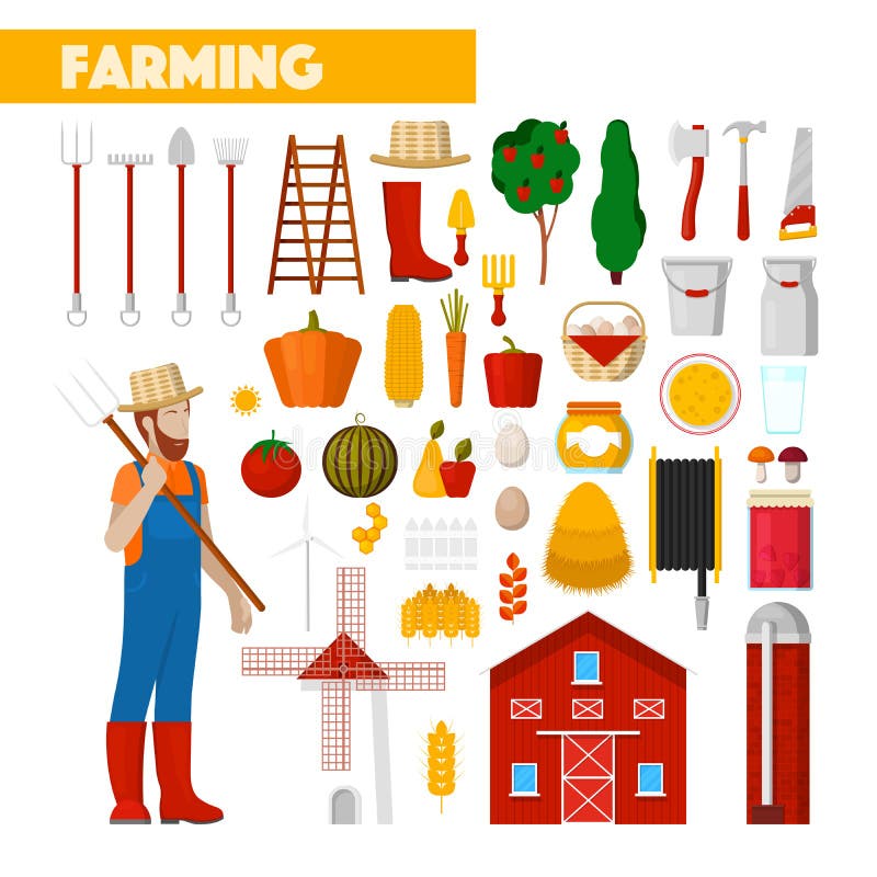 Fazendeiro com alimento e o moinho de vento naturais frescos do equipamento de cultivo ilustração stock Fazendeiro com alimento e o moinho de vento naturais frescos do equipamento de cultivo ilustração stock