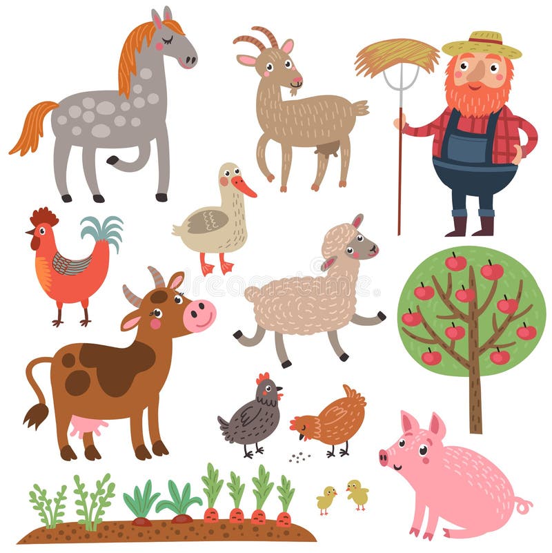 Fazendeiro e animais Exploração agrícola Grupo do vetor de caráteres ilustração stock Fazendeiro e animais Exploração agrícola Grupo do vetor de caráteres ilustração stock