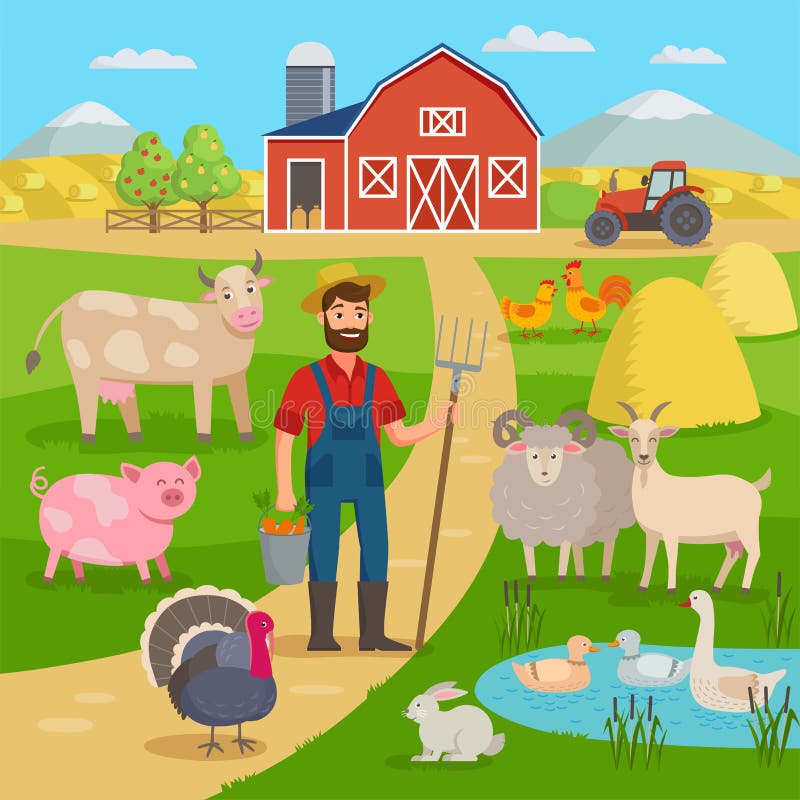 Fazendeiro feliz com paisagem agrícola e animais de exploração agrícola que estão na frente do celeiro e dos campos da exploração ilustração stock Fazendeiro feliz com paisagem agrícola e animais de exploração agrícola que estão na frente do celeiro e dos campos da exploração ilustração stock
