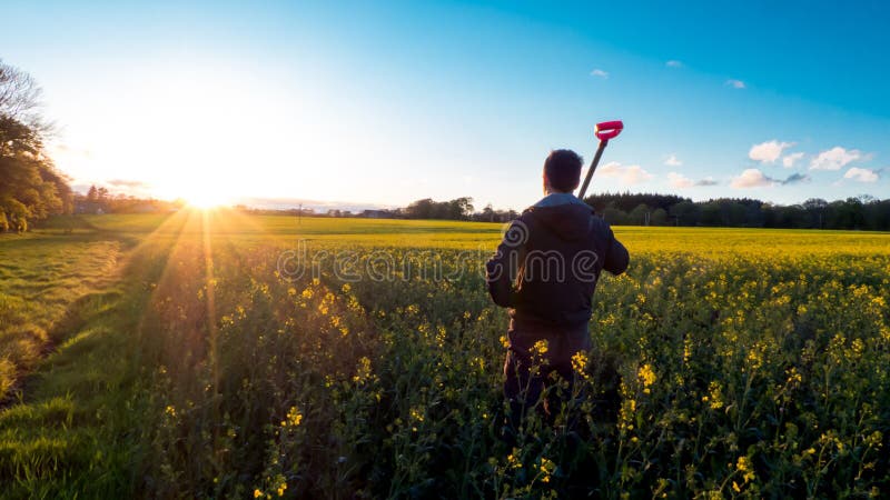 Fazendeiro que olha o campo de flor da colza imagem de stock royalty free Fazendeiro que olha o campo de flor da colza imagem de stock royalty free