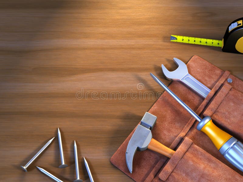 Assorted tools on a wood surface with copy space. 3D illustration. Assorted tools on a wood surface with copy space. 3D illustration.