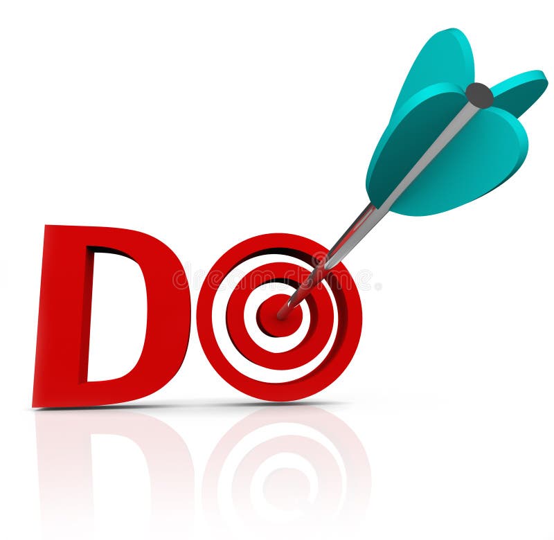 The word Do in red 3d letters with an arrow in a bulls-eye to symbolize taking action and having initiative to act in achieving or accomplishing a goal or mission. The word Do in red 3d letters with an arrow in a bulls-eye to symbolize taking action and having initiative to act in achieving or accomplishing a goal or mission
