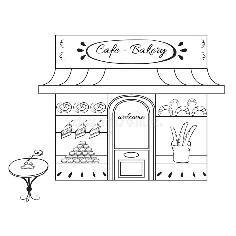 Croquis Extérieur De Boulangerie De Café Illustration de Vecteur