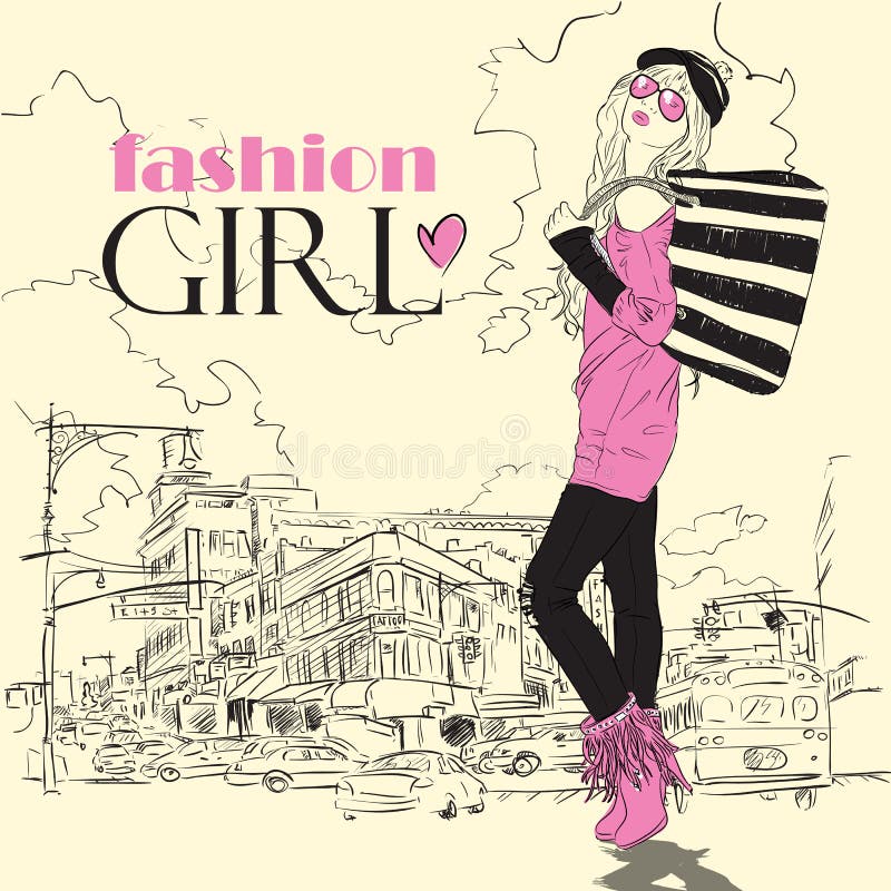 Façonnez la fille sur un ville-fond. illustration de vecteur Façonnez la fille sur un ville-fond. illustration de vecteur