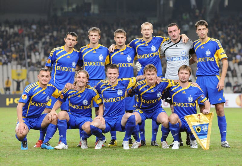 FC BATE BORISOV team photo before the UEFA Europa League game against AEK Athens. Sergei Veremko, Dmitri Likhtarovich, Sergei Sosnovski, Igor Shitov, Aleksandr Yurevich, Aleksandr Volodko, Sergei Krivets, Pavel Nekhaychik, Maksim Skavysh, Maksim Bordachov, Vitali Rodionov.