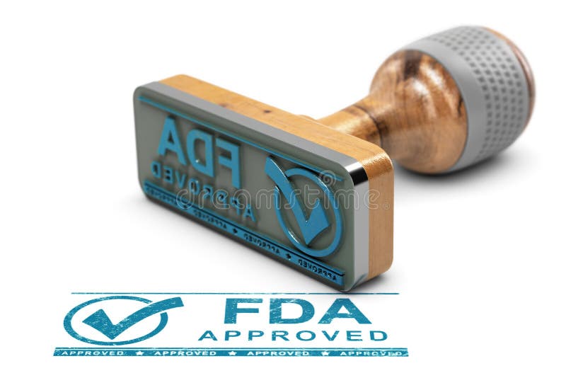 Drugs or products approval concept. Rubber stamp with the text FDA approved over white background. 3D illustration. Drugs or products approval concept. Rubber stamp with the text FDA approved over white background. 3D illustration