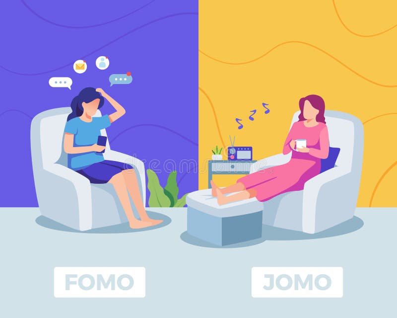 Fear Of Missing Out Vs Joy Of Missing Out Illustration Stock Vector fear-of-missing-out-vs-joy-of-missing-out-illustration-stock-vector