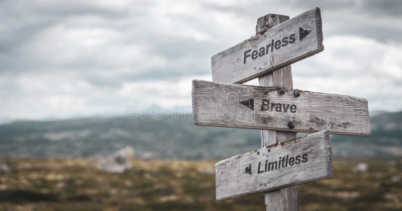 Fearless brave limitless text engraved on wooden signpost outdoors in nature.