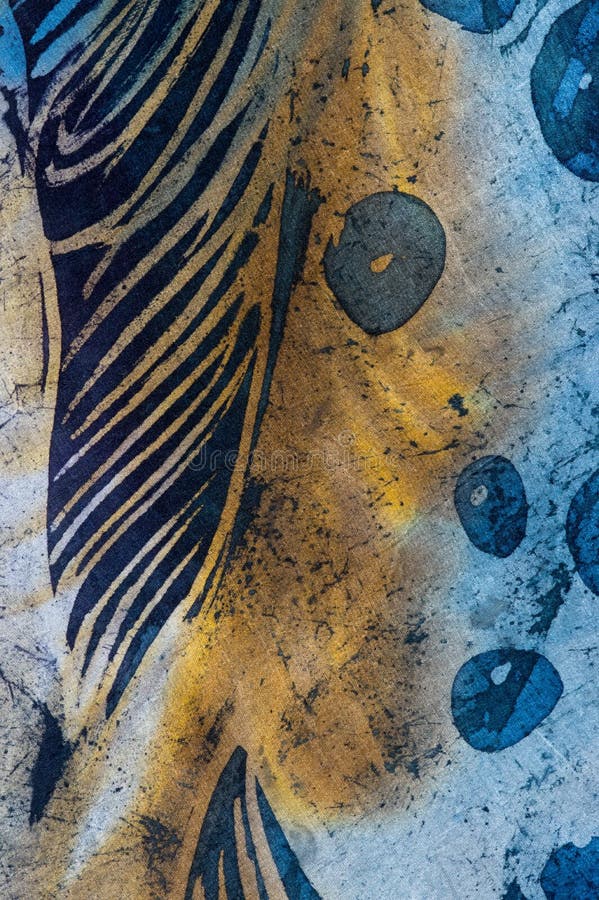 Feather and drops, hot batik, background texture, handmade on silk