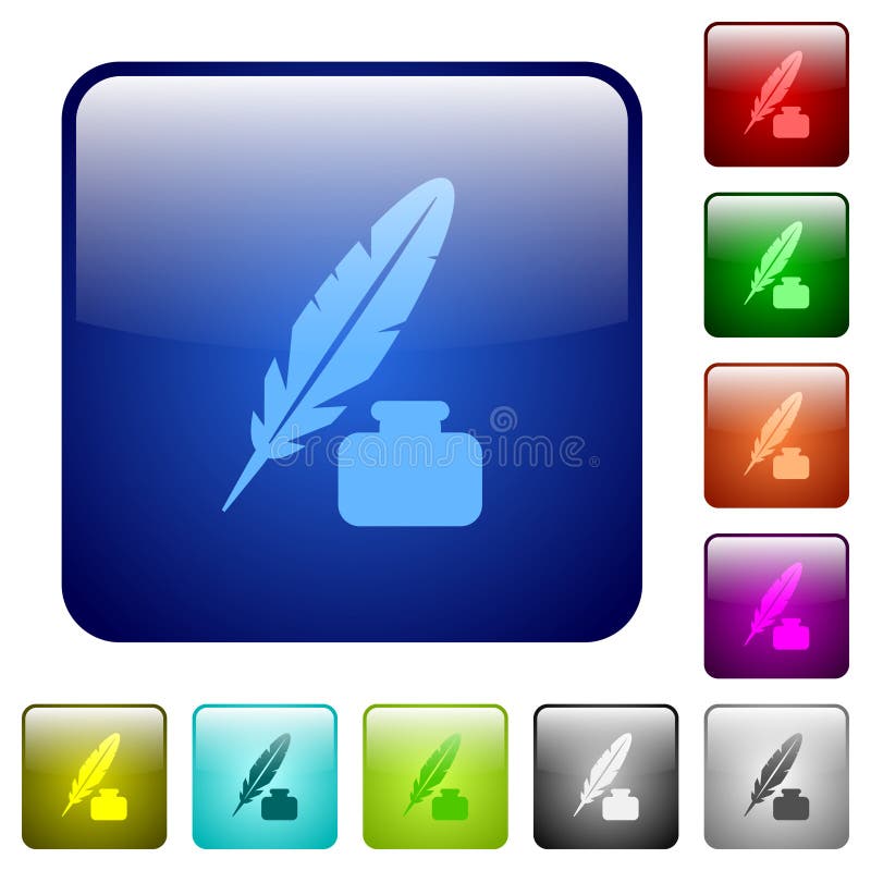 Feather and ink bottle color square buttons royalty free illustration