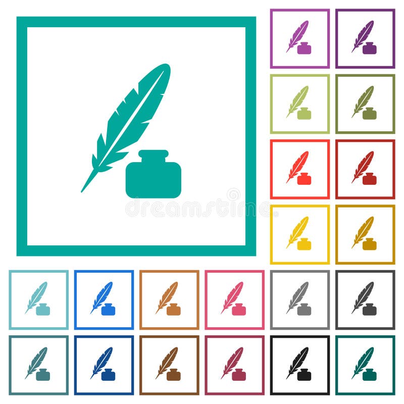 Feather and ink bottle flat color icons with quadrant frames vector illustration