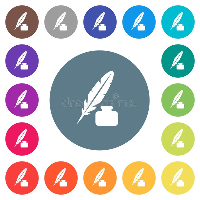 Feather and ink bottle flat white icons on round color backgrounds royalty free illustration
