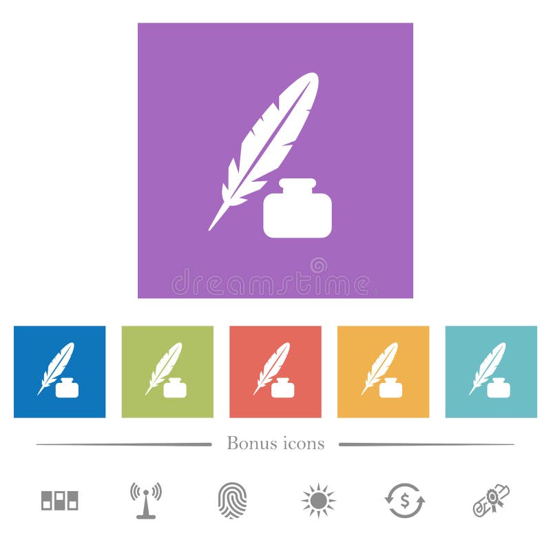 Feather and ink bottle flat white icons in square backgrounds royalty free illustration